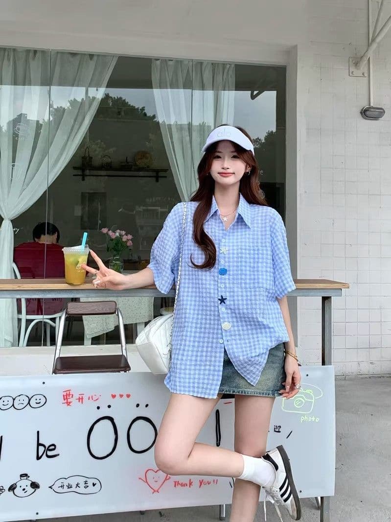 2026 새로운 남녀 재미있는 단추 여름 새로운 셔츠 Seersucker 반팔 상세 이미지 11