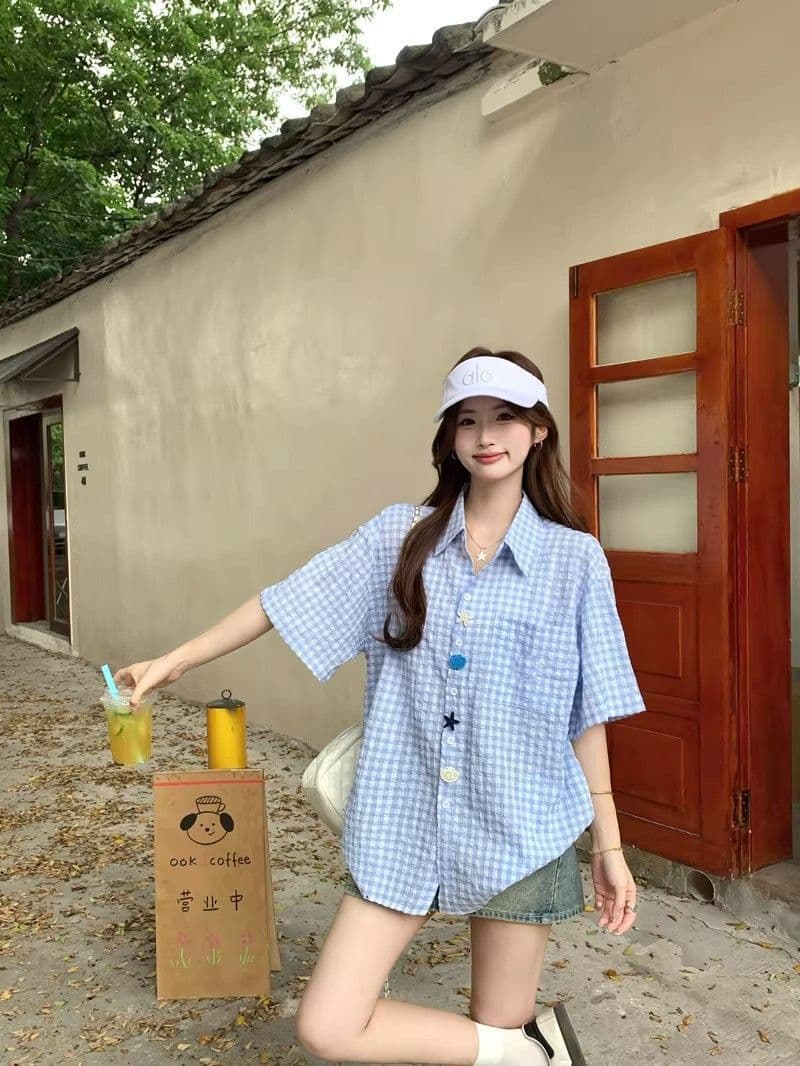 2026 새로운 남녀 재미있는 단추 여름 새로운 셔츠 Seersucker 반팔 상세 이미지 12