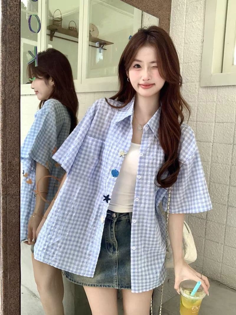 2026 새로운 남녀 재미있는 단추 여름 새로운 셔츠 Seersucker 반팔 상세 이미지 15