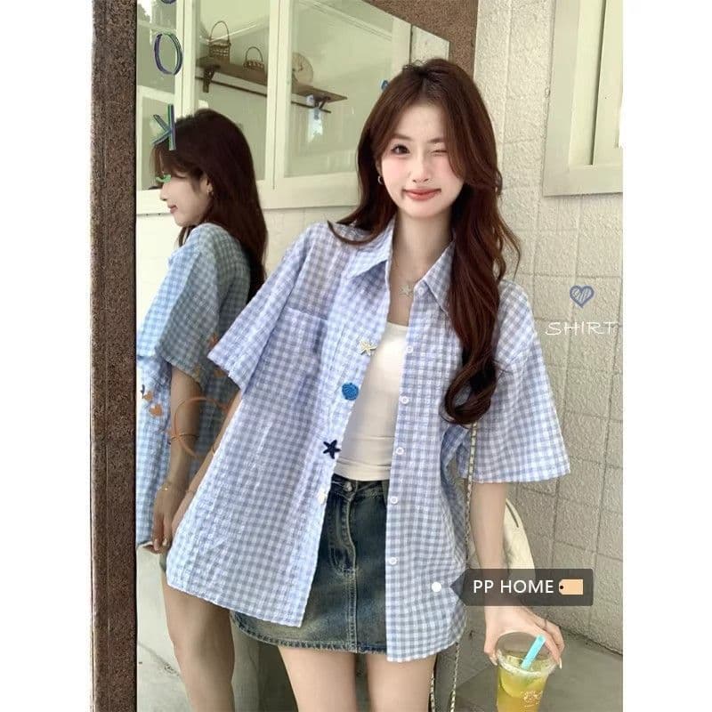 2026 새로운 남녀 재미있는 단추 여름 새로운 셔츠 Seersucker 반팔 상세 이미지 17
