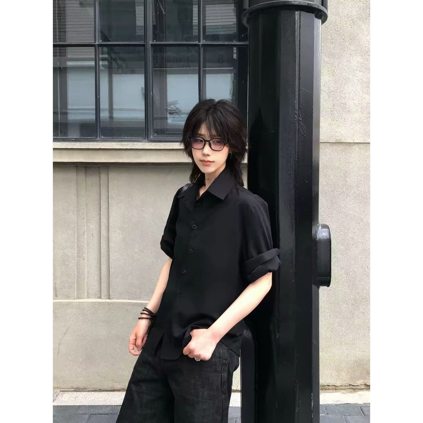 오래된 돈 바람 긍정적 인 어깨 롤 슬리브 slim 맞춤 숙련 된 반팔 셔츠 남녀 여름 건방진 녀석 cleanfit 재킷 트렌디 상세 이미지 3