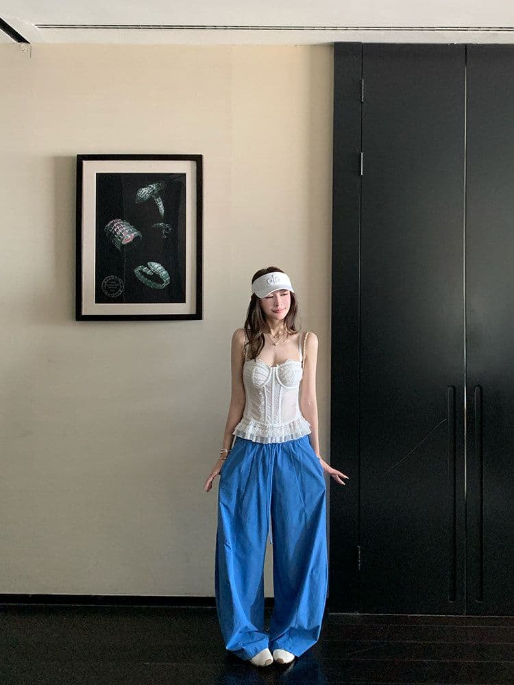 skk store 파란색 바지 아이들 호흡 캐주얼 바지 여름 얇은 스타일 스트레이트 넓은 다리 루즈핏 느긋한 바람 모통이 칼 바지 상세 이미지 2