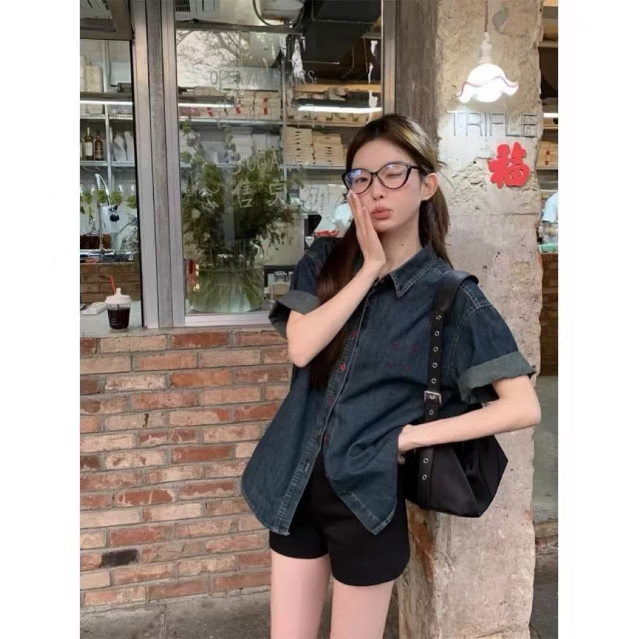 아메리칸 레트로 반팔 데님 여성 셔츠 여름 얇은 스타일 루즈핏 슬림해 보이는 캐주얼 작은 키 루즈핏 느긋한 맨위 이미지 4