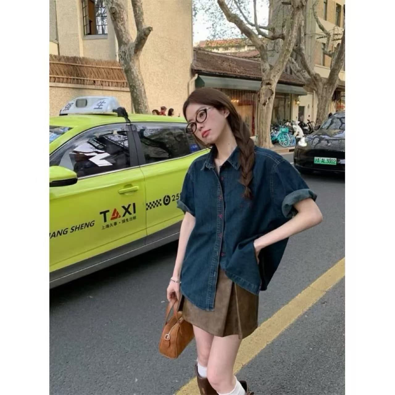 아메리칸 레트로 반팔 데님 여성 셔츠 여름 얇은 스타일 루즈핏 슬림해 보이는 캐주얼 작은 키 루즈핏 느긋한 맨위 상세 이미지 1