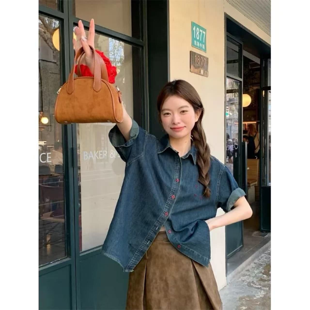아메리칸 레트로 반팔 데님 여성 셔츠 여름 얇은 스타일 루즈핏 슬림해 보이는 캐주얼 작은 키 루즈핏 느긋한 맨위 상세 이미지 2