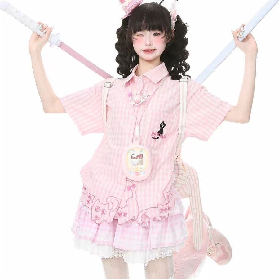 로리타 인사이드 가져 가라. 셔츠 블루 고스트 박 새끼 고양이 자수 체크무늬 칼라 반팔 여성 셔츠 셔츠 맨위 귀여운 이미지 3