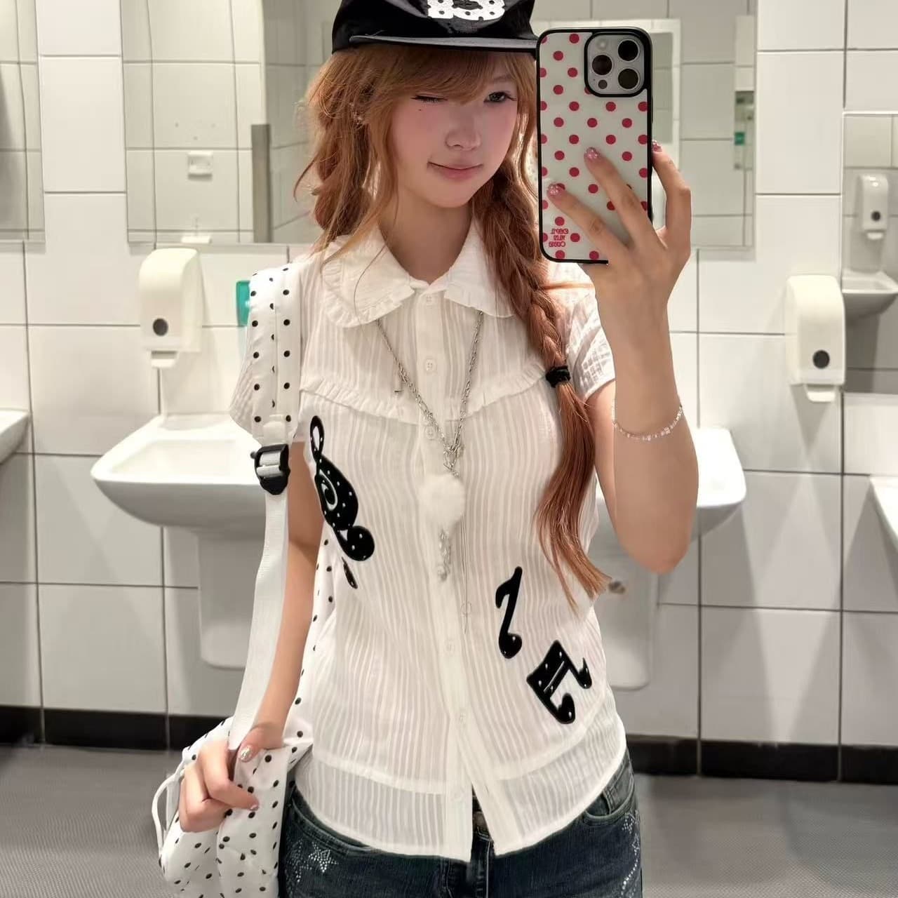 2026 새로운 한 부서 소녀 아시아 인 멩 센스 참고 패치 레이스 반팔 여성 셔츠 여름 슬림해 보이는 긍정적 인 어깨 의류 이미지 5