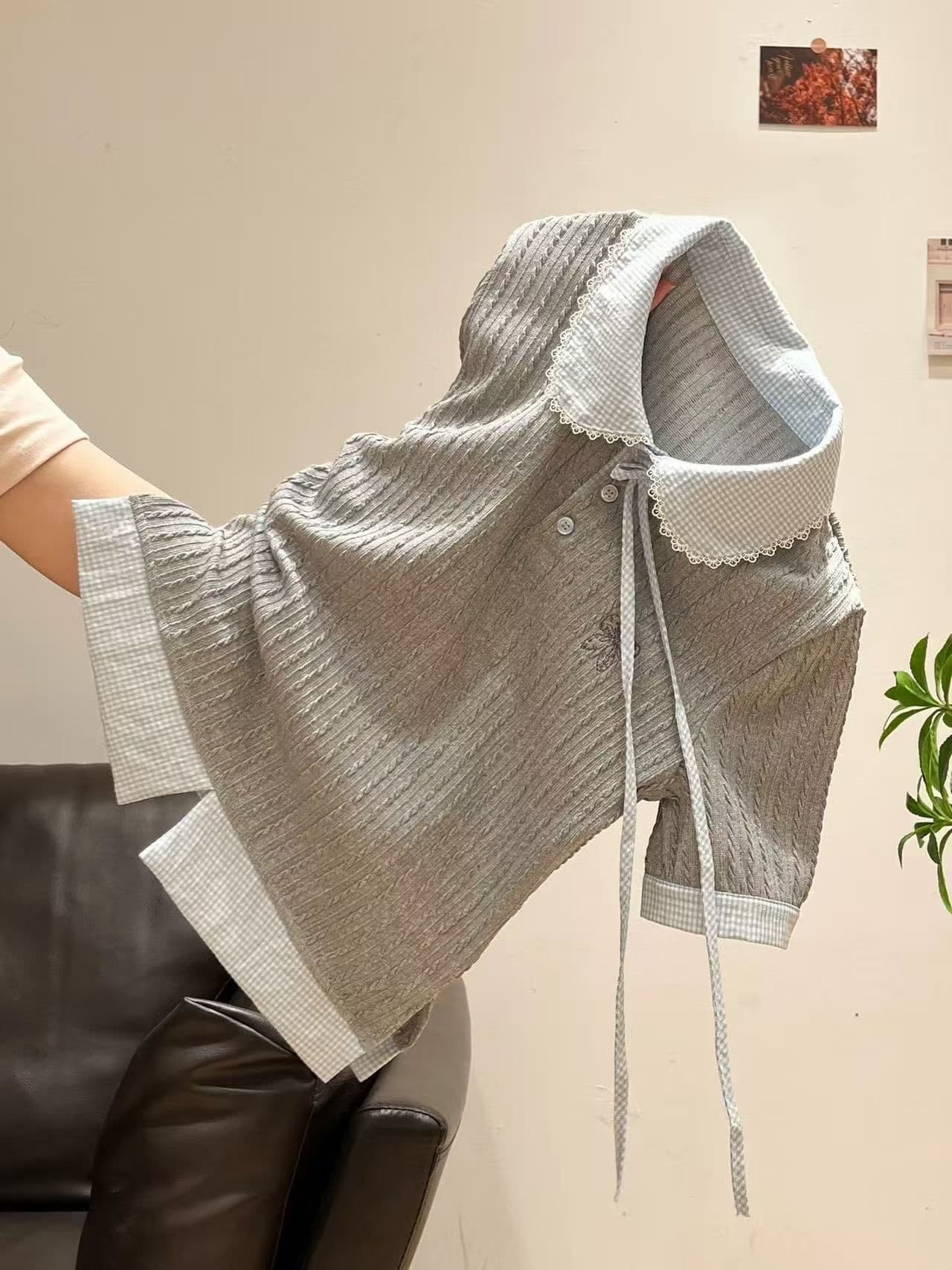 학원 스타일 회색 페이크 레이어드 니트 반팔 여성 여름 패치워크 베이비 칼라 긍정적 인 어깨 티셔츠 몸매 가꾸기 슬림해 보이는 맨위 이미지 3