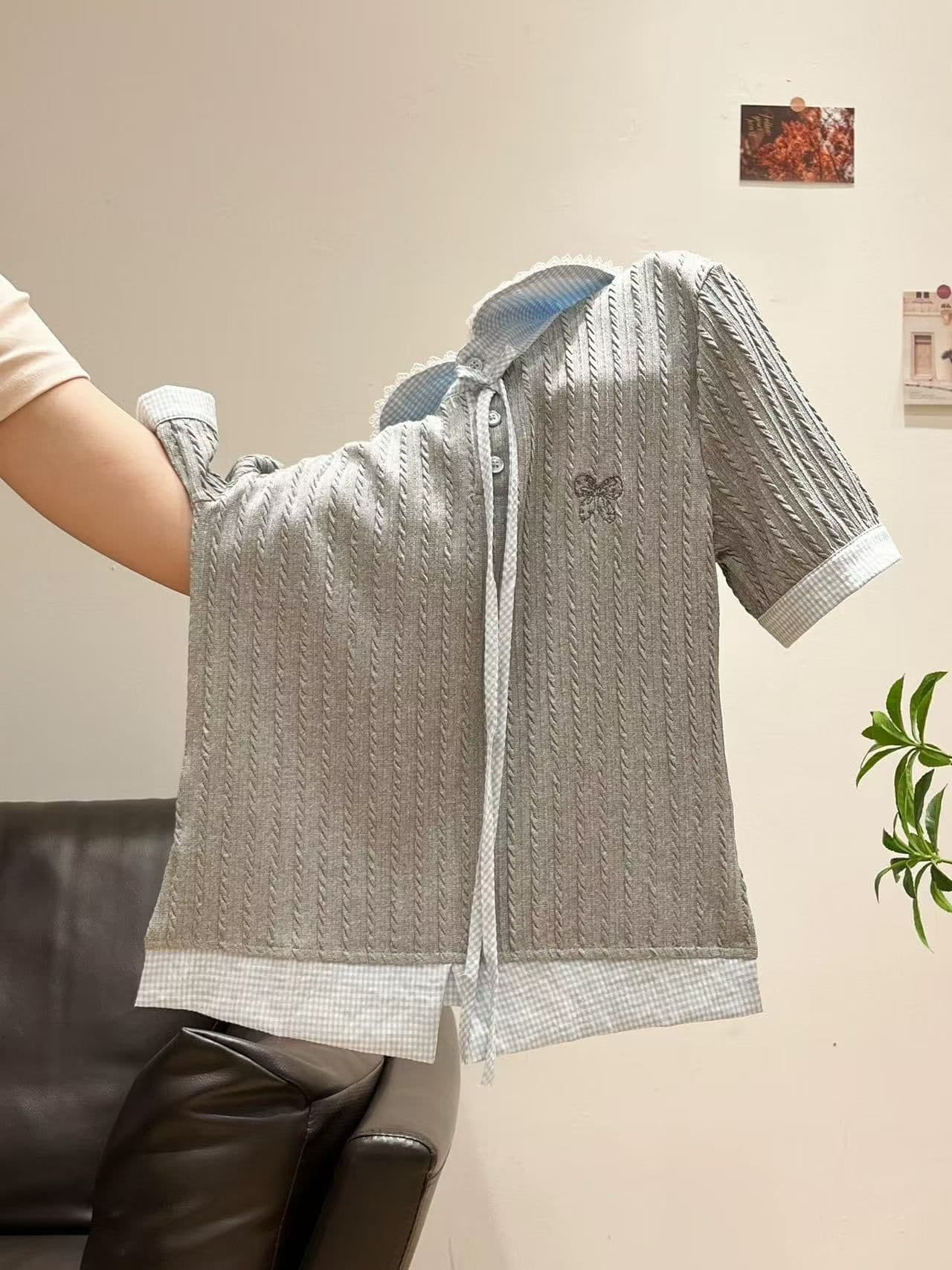 학원 스타일 회색 페이크 레이어드 니트 반팔 여성 여름 패치워크 베이비 칼라 긍정적 인 어깨 티셔츠 몸매 가꾸기 슬림해 보이는 맨위 상세 이미지 6