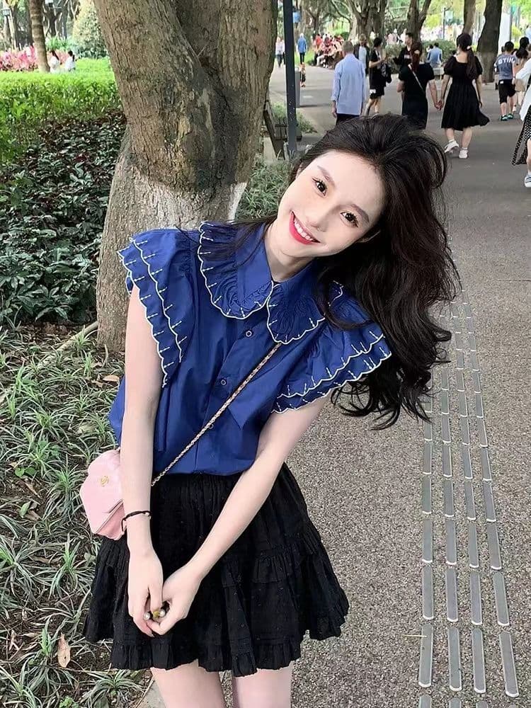 프랑스식 거품 소매 시폰 셔츠 여성 베이비 칼라 고유 한 Chic 아름다운 달콤함 빛 럭셔리 다용도 레이스 자수 맨위 이미지 3