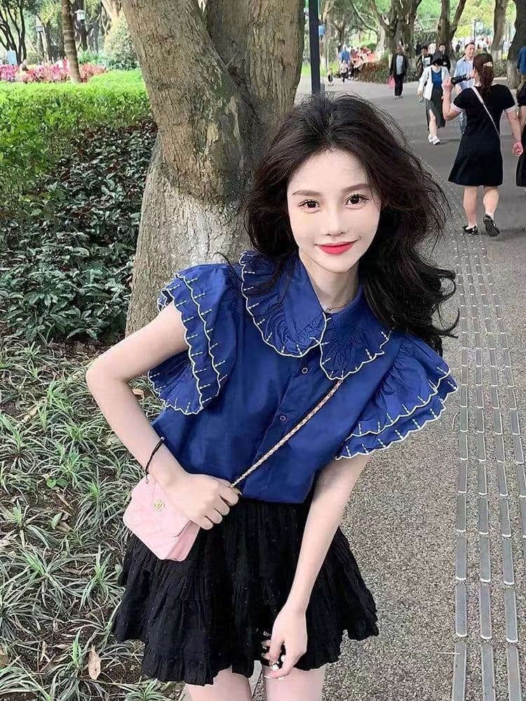 프랑스식 거품 소매 시폰 셔츠 여성 베이비 칼라 고유 한 Chic 아름다운 달콤함 빛 럭셔리 다용도 레이스 자수 맨위