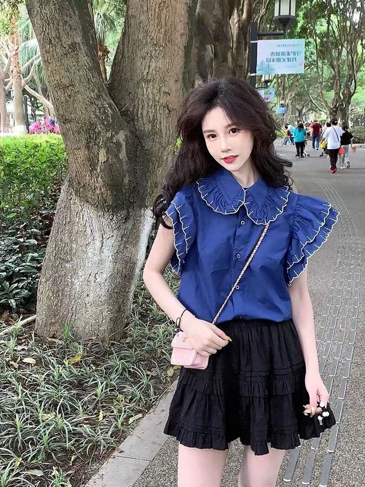 프랑스식 거품 소매 시폰 셔츠 여성 베이비 칼라 고유 한 Chic 아름다운 달콤함 빛 럭셔리 다용도 레이스 자수 맨위 상세 이미지 5