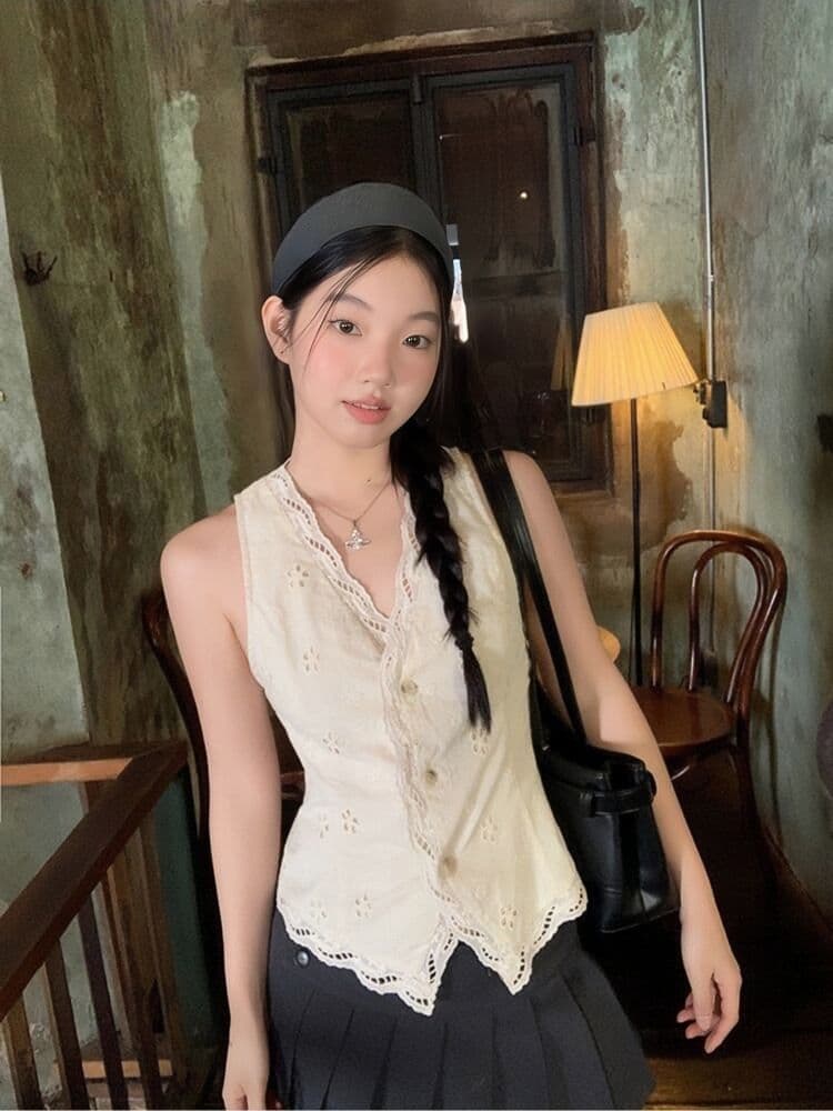 순수한 욕망 고급 센스 V넥 홀로우 아웃 캐미솔 여름 외출용 핫걸 바람 품격 몸매 가꾸기 민소매 맨위 트렌디 상세 이미지 1
