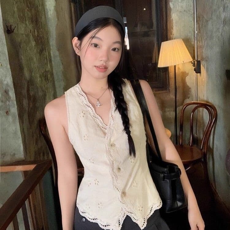 순수한 욕망 고급 센스 V넥 홀로우 아웃 캐미솔 여름 외출용 핫걸 바람 품격 몸매 가꾸기 민소매 맨위 트렌디 상세 이미지 2