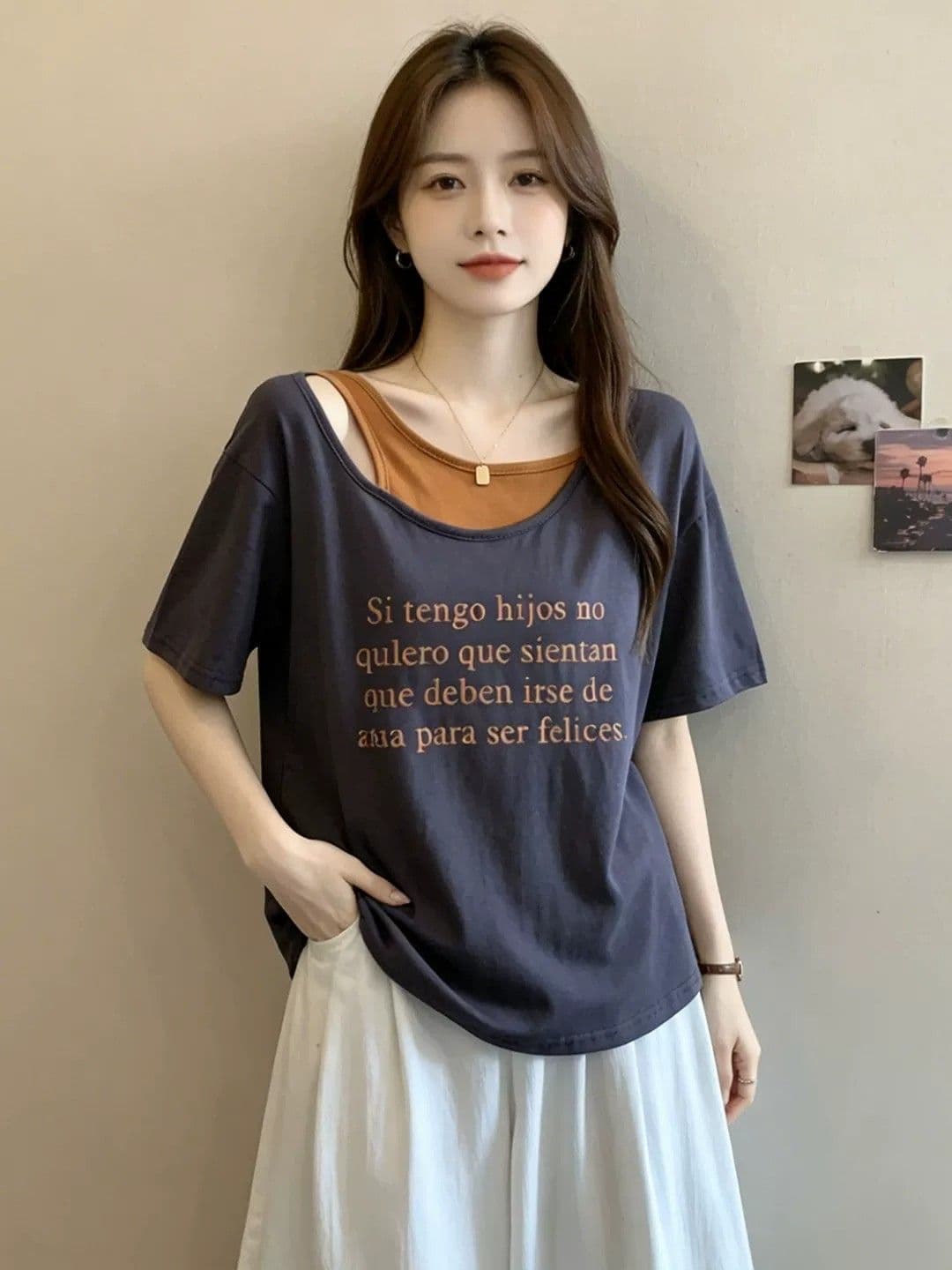 2026 새로운 여름 패션 품격 반팔 빅 사이즈 맨위 패치워크 페이크 레이어드 루즈핏 맨위 상세 이미지 2
