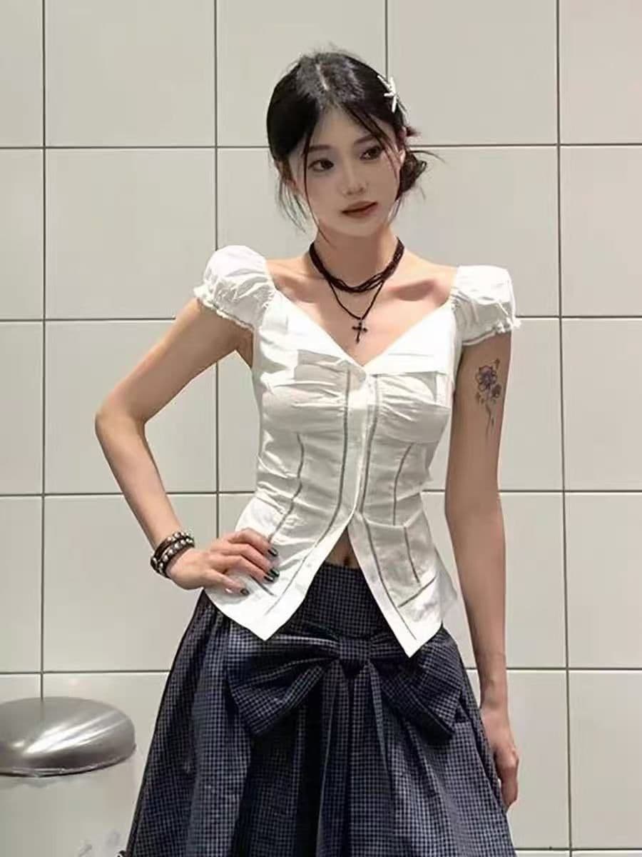 한 부서 고급 센스 반팔 여성 셔츠 여름 거품 소매 셔츠 작은 셔츠 몸매 가꾸기 슬림해 보이는 허리 수축 핫걸 맨위 트렌디