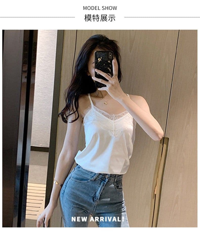 2026 봄 여름 새로운 섹시함 V넥 맨위 다용도 우아함 속눈썹 레이스 조각 캐미솔 기본 셔츠 상세 이미지 6