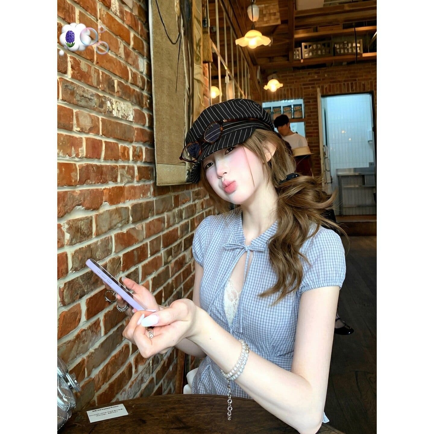 unifitop 레트로 체크무늬 나비 넥타이 홀로우 아웃 허리 수축 여성 셔츠 여름 한 부서 몸매 가꾸기 슬림해 보이는 맨위 상세 이미지 1