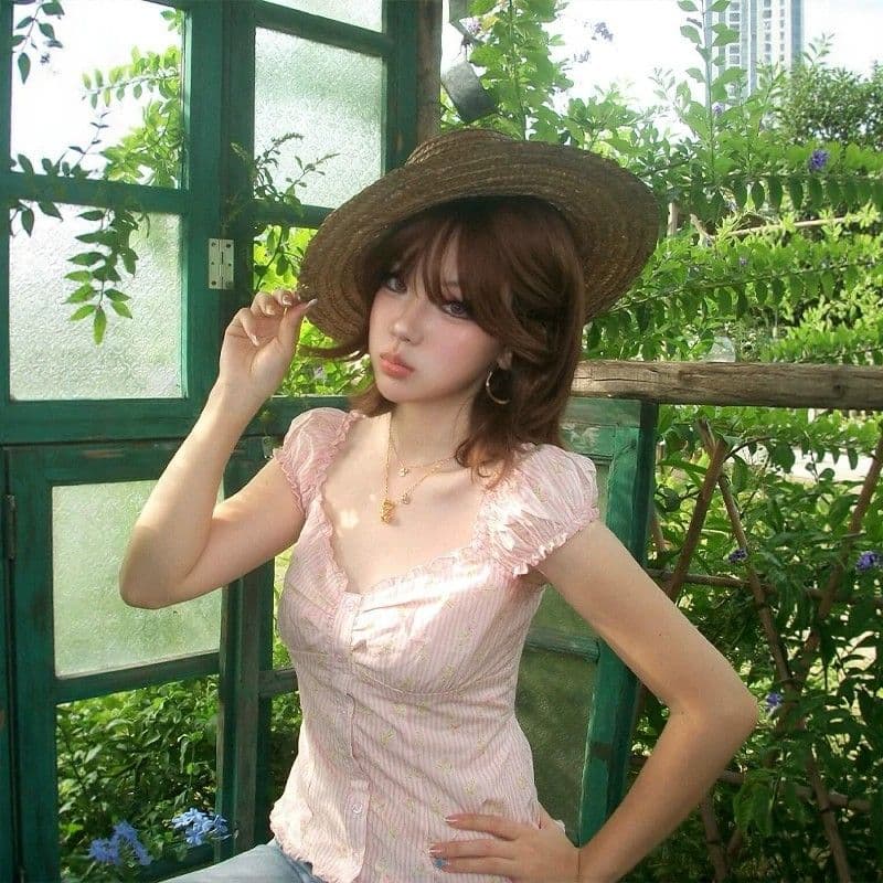 프랑스식 달콤함 핑크색 스트라이프 거품 소매 작은 맨위 여성 여름 순수한 욕망 바람 몸매 가꾸기 반팔 작은 청신 꽃무늬 셔츠 이미지 4