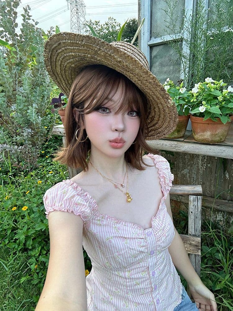 프랑스식 달콤함 핑크색 스트라이프 거품 소매 작은 맨위 여성 여름 순수한 욕망 바람 몸매 가꾸기 반팔 작은 청신 꽃무늬 셔츠 상세 이미지 3