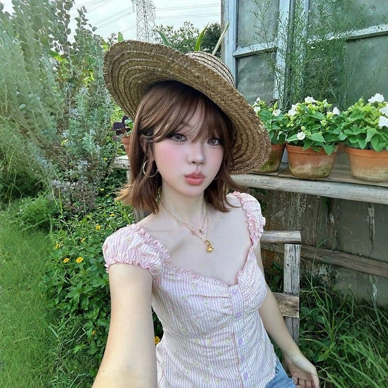 프랑스식 달콤함 핑크색 스트라이프 거품 소매 작은 맨위 여성 여름 순수한 욕망 바람 몸매 가꾸기 반팔 작은 청신 꽃무늬 셔츠 상세 이미지 4