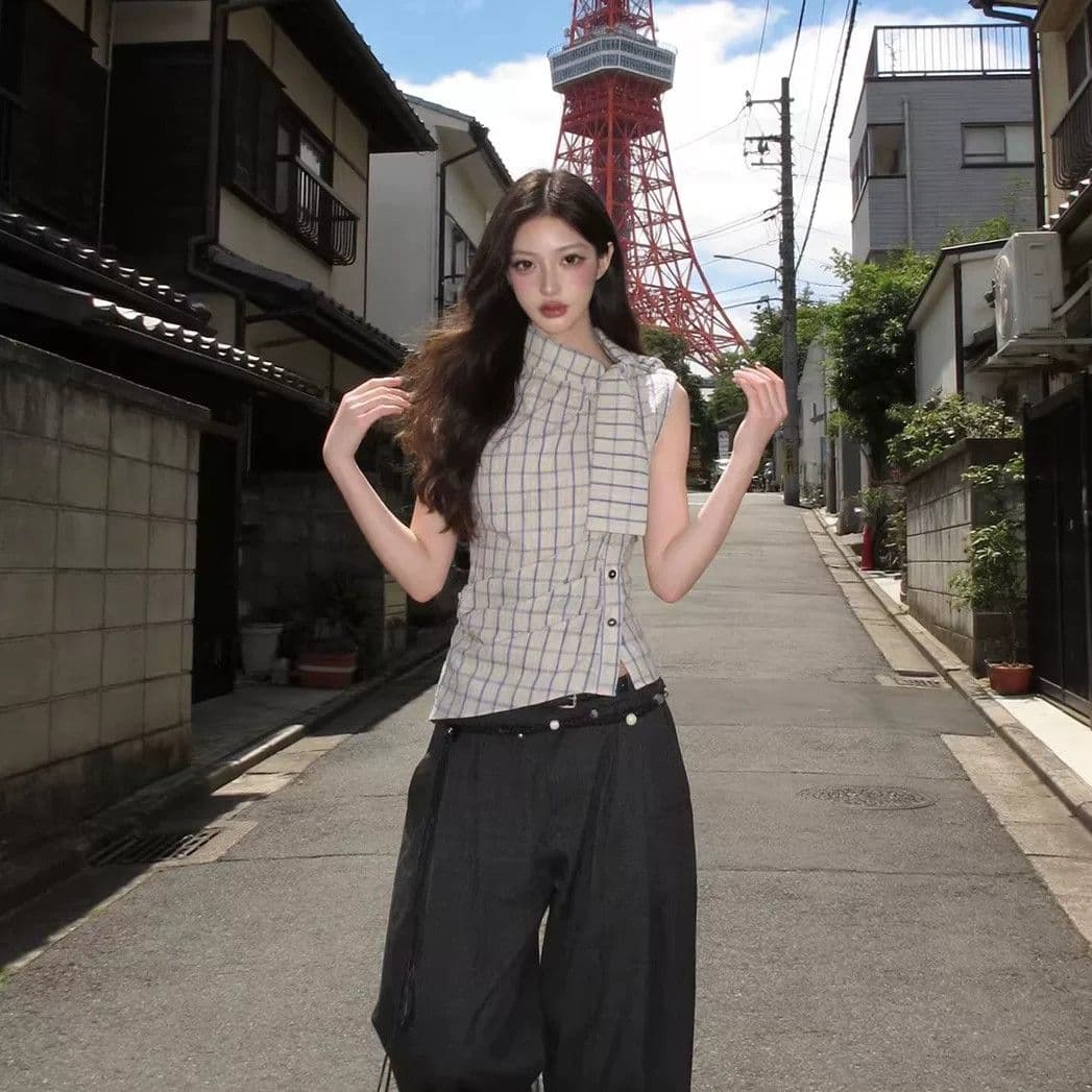 luamoss 면 100% 체크무늬 작은 터틀넥 레이스업 허리 수축 맨위 여성 새로운 슬림해 보이는 품격 다용도 셔츠 상세 이미지 6