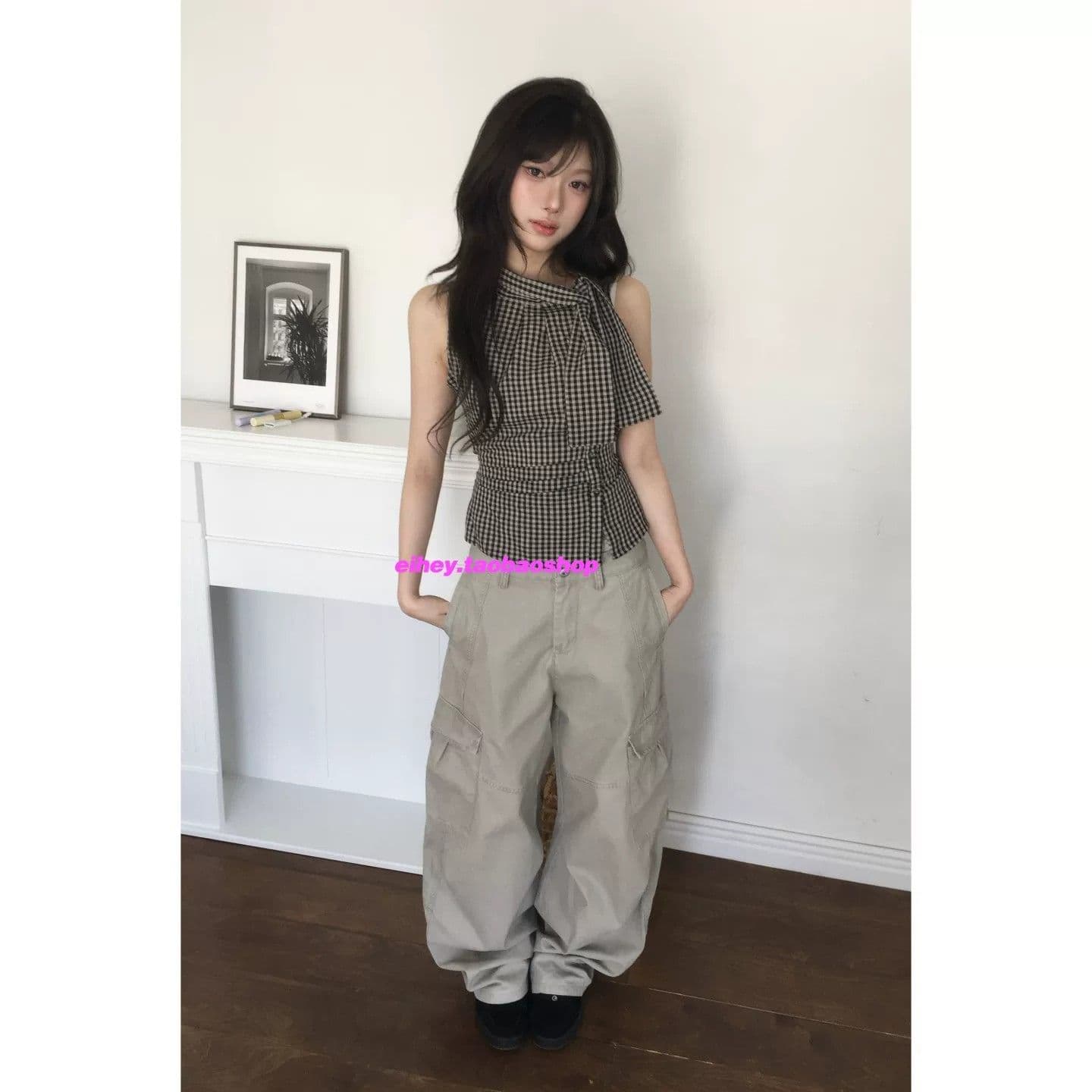 eihey 어 이봐 한 부서 레트로 체크무늬 나비 넥타이 허리 수축 주름 디자인 센스 슬림해 보이는 민소매 조끼 품격 맨위