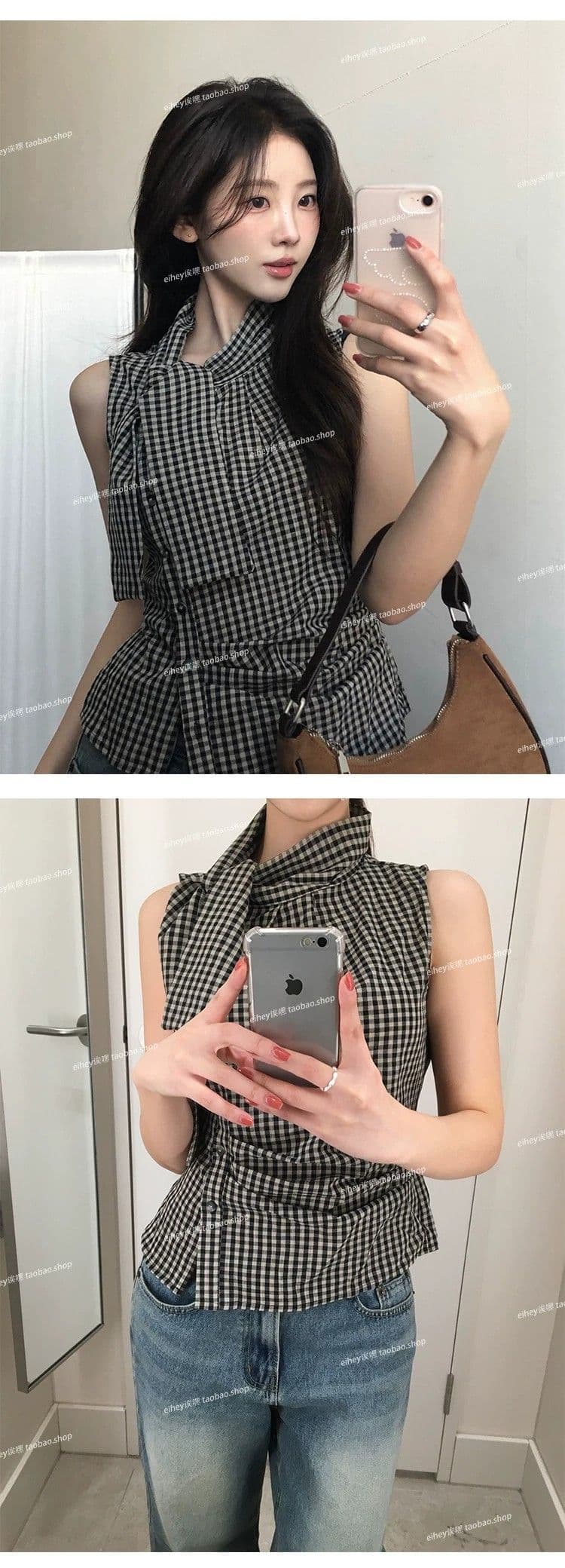 eihey 어 이봐 한 부서 레트로 체크무늬 나비 넥타이 허리 수축 주름 디자인 센스 슬림해 보이는 민소매 조끼 품격 맨위 상세 이미지 3