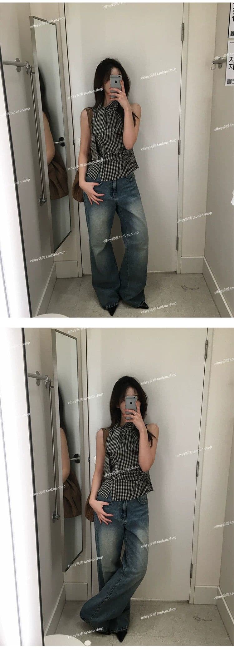 eihey 어 이봐 한 부서 레트로 체크무늬 나비 넥타이 허리 수축 주름 디자인 센스 슬림해 보이는 민소매 조끼 품격 맨위 상세 이미지 4