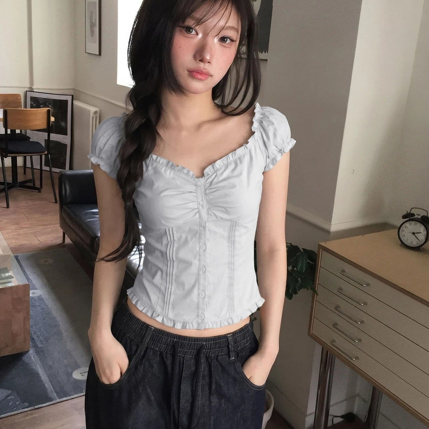 프랑스식 프릴 광장 칼라 거품 소매 셔츠 반팔 티셔츠 여성 여름 품격 작은 셔츠 몸매 가꾸기 쇼트 스타일 허리 수축 맨위 이미지 5