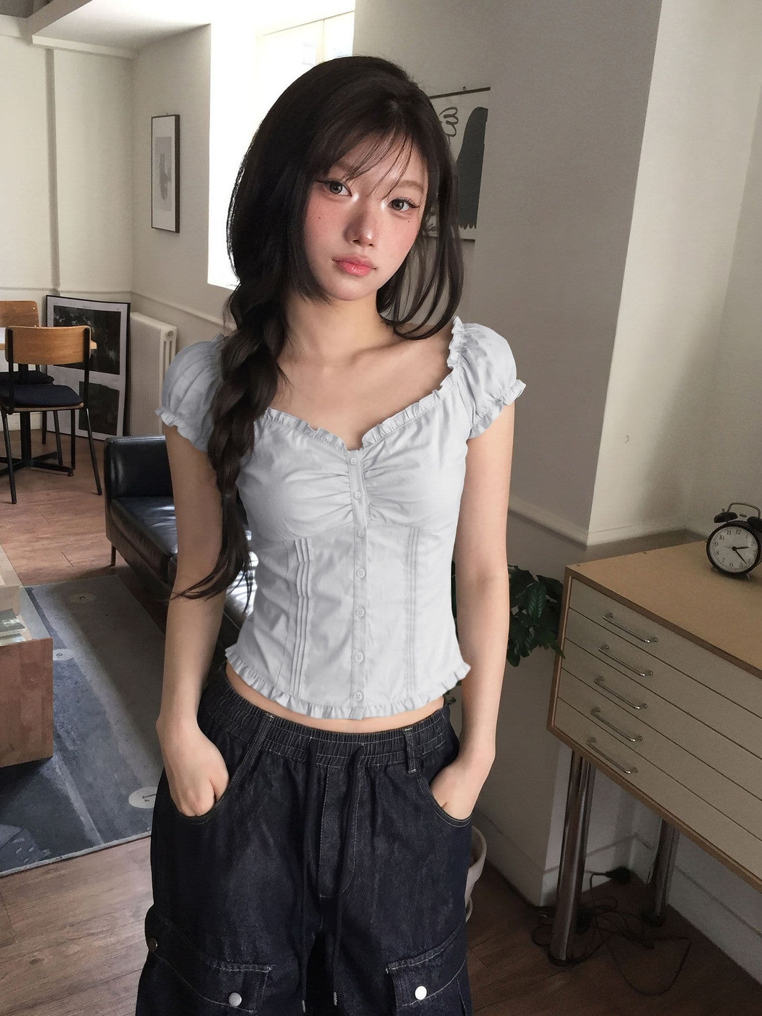 프랑스식 프릴 광장 칼라 거품 소매 셔츠 반팔 티셔츠 여성 여름 품격 작은 셔츠 몸매 가꾸기 쇼트 스타일 허리 수축 맨위 상세 이미지 1