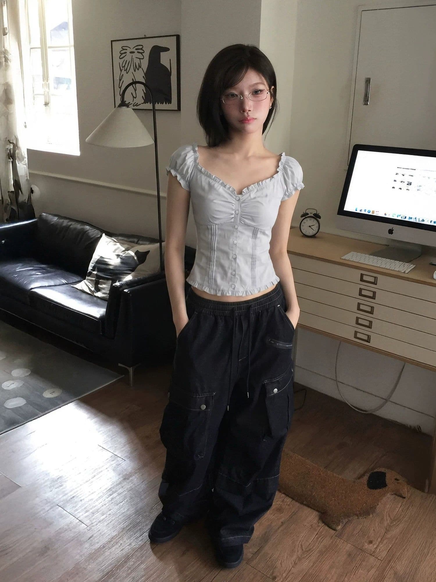 프랑스식 프릴 광장 칼라 거품 소매 셔츠 반팔 티셔츠 여성 여름 품격 작은 셔츠 몸매 가꾸기 쇼트 스타일 허리 수축 맨위 상세 이미지 9