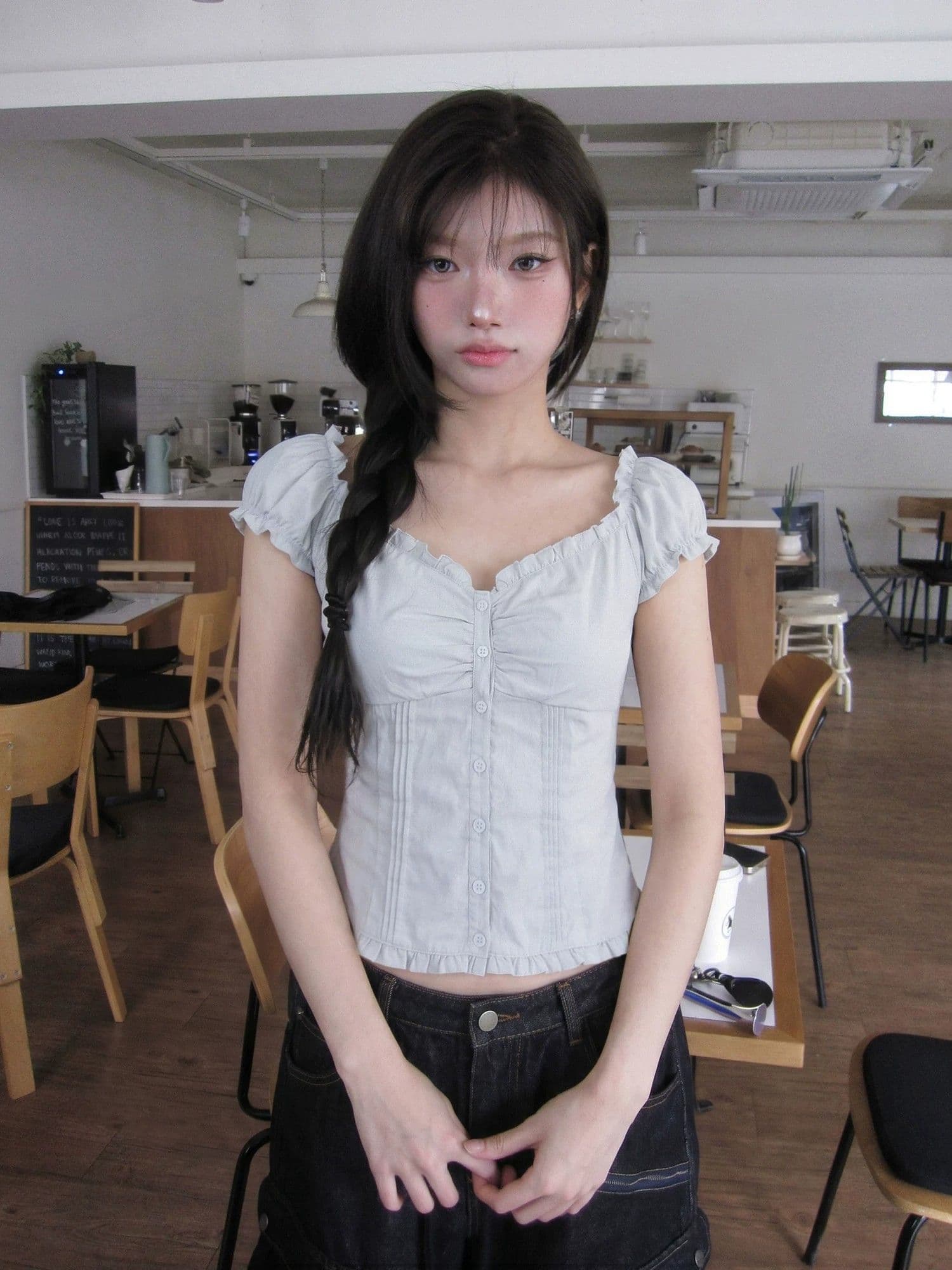 프랑스식 프릴 광장 칼라 거품 소매 셔츠 반팔 티셔츠 여성 여름 품격 작은 셔츠 몸매 가꾸기 쇼트 스타일 허리 수축 맨위 상세 이미지 10