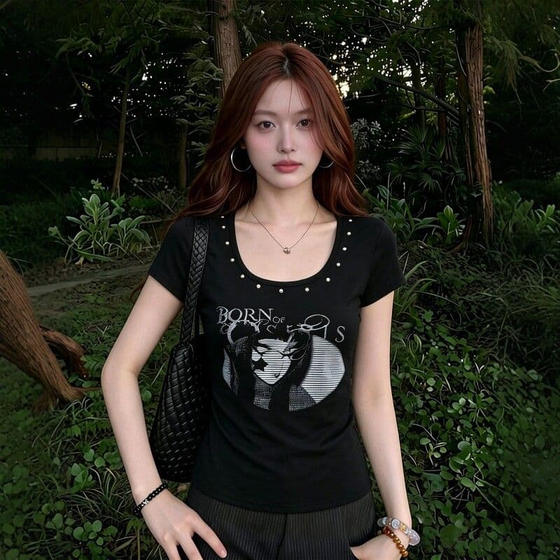 2026 여름 새로운 순면 u 칼라 긍정적 인 어깨 티셔츠 징 쇼트 스타일 맨위 여성 상세 이미지 1