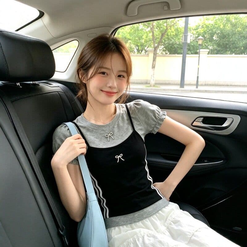 2026 새로운 여름 페이크 레이어드 나비 매듭 자수 거품 소매 티셔츠 여성 몸매 가꾸기 맨위 이미지 3