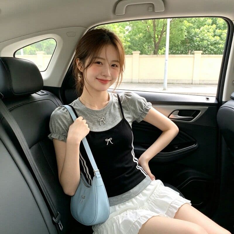 2026 새로운 여름 페이크 레이어드 나비 매듭 자수 거품 소매 티셔츠 여성 몸매 가꾸기 맨위 이미지 4