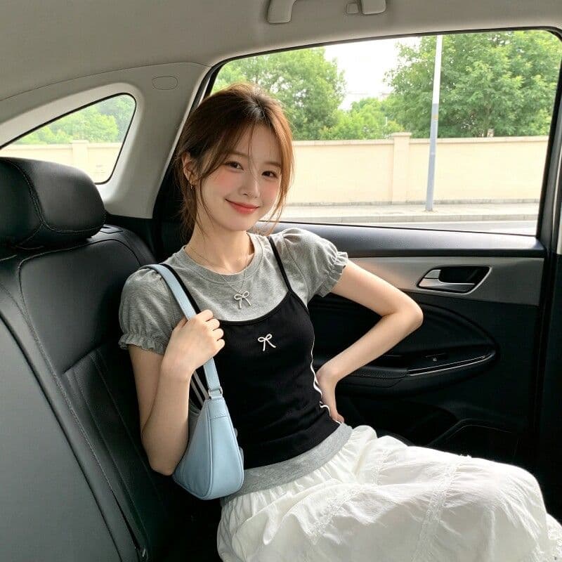 2026 새로운 여름 페이크 레이어드 나비 매듭 자수 거품 소매 티셔츠 여성 몸매 가꾸기 맨위 이미지 5