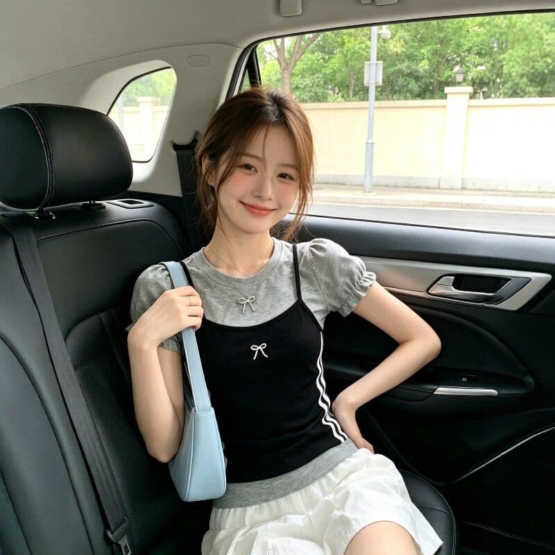 2026 새로운 여름 페이크 레이어드 나비 매듭 자수 거품 소매 티셔츠 여성 몸매 가꾸기 맨위