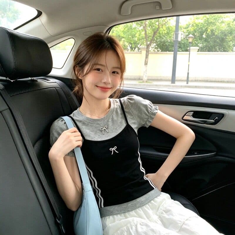 2026 새로운 여름 페이크 레이어드 나비 매듭 자수 거품 소매 티셔츠 여성 몸매 가꾸기 맨위 상세 이미지 3
