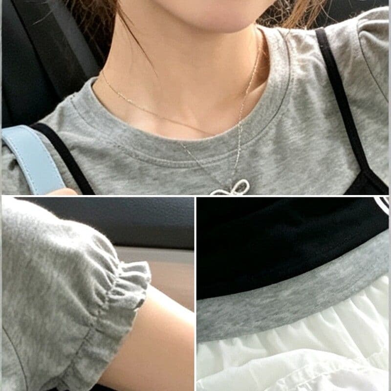 2026 새로운 여름 페이크 레이어드 나비 매듭 자수 거품 소매 티셔츠 여성 몸매 가꾸기 맨위 상세 이미지 7