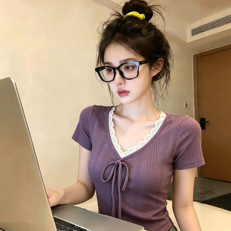 송 긍정적 인 En 보라색 V넥 레이스 스트랩 반팔 티셔츠 여성 여름 한 부서 몸매 가꾸기 슬림해 보이는 긍정적 인 어깨 다용도 작은 맨위 이미지 3