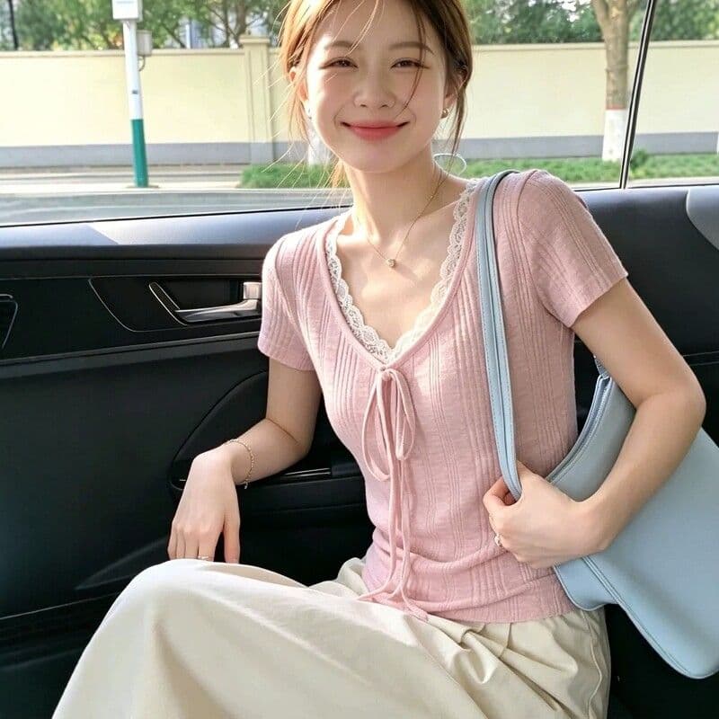송 긍정적 인 En 보라색 V넥 레이스 스트랩 반팔 티셔츠 여성 여름 한 부서 몸매 가꾸기 슬림해 보이는 긍정적 인 어깨 다용도 작은 맨위