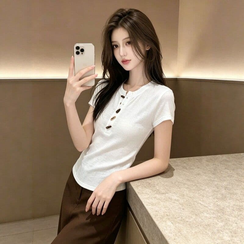 2026 여름 새로운 질감 센스 소뿔 버클 반팔 티셔츠 여성 작은 키 몸매 가꾸기 슬림해 보이는 다용도 인사이드 잡아라. 의류 이미지 5