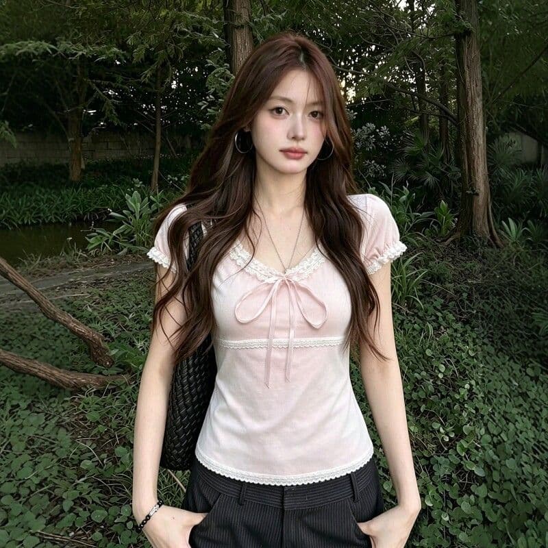 2026 여름 새로운 레트로 순수한 욕망 레이스 조각 나비 매듭 맨위 새로운 달콤함 핑크색 반팔 티셔츠 트렌디 상세 이미지 3