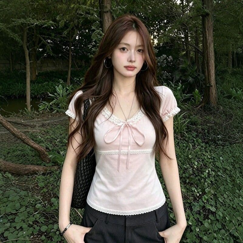 2026 여름 새로운 레트로 순수한 욕망 레이스 조각 나비 매듭 맨위 새로운 달콤함 핑크색 반팔 티셔츠 트렌디 상세 이미지 4