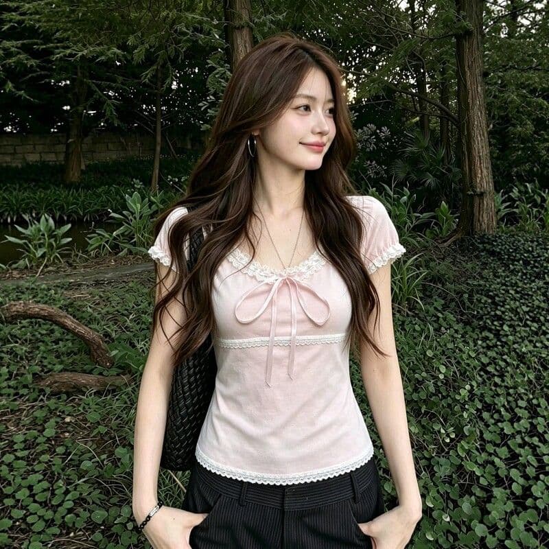 2026 여름 새로운 레트로 순수한 욕망 레이스 조각 나비 매듭 맨위 새로운 달콤함 핑크색 반팔 티셔츠 트렌디 상세 이미지 7
