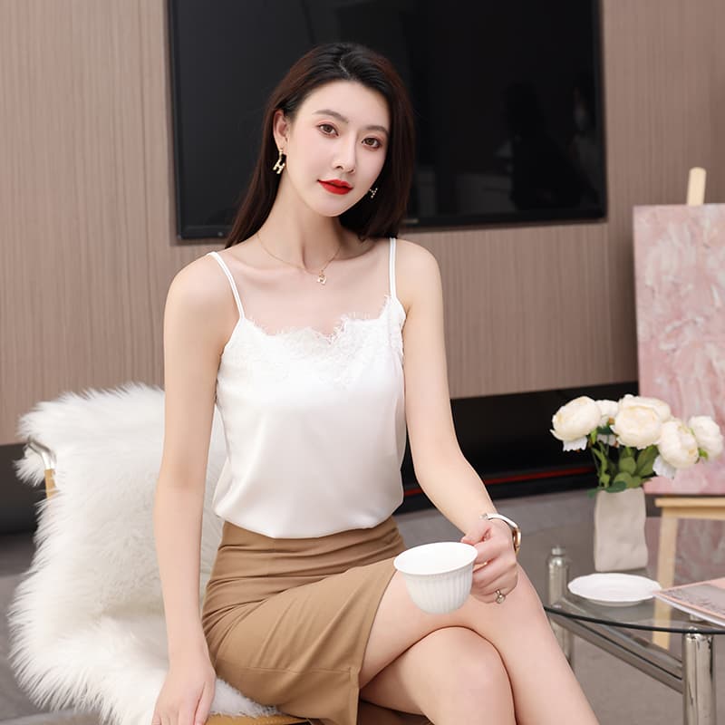 레이스 캐미솔 외출용 다용도 V넥 새틴 정장 인사이드 가져 가라. 기본 셔츠 섹시함 민소매 맨위 여름 이미지 4