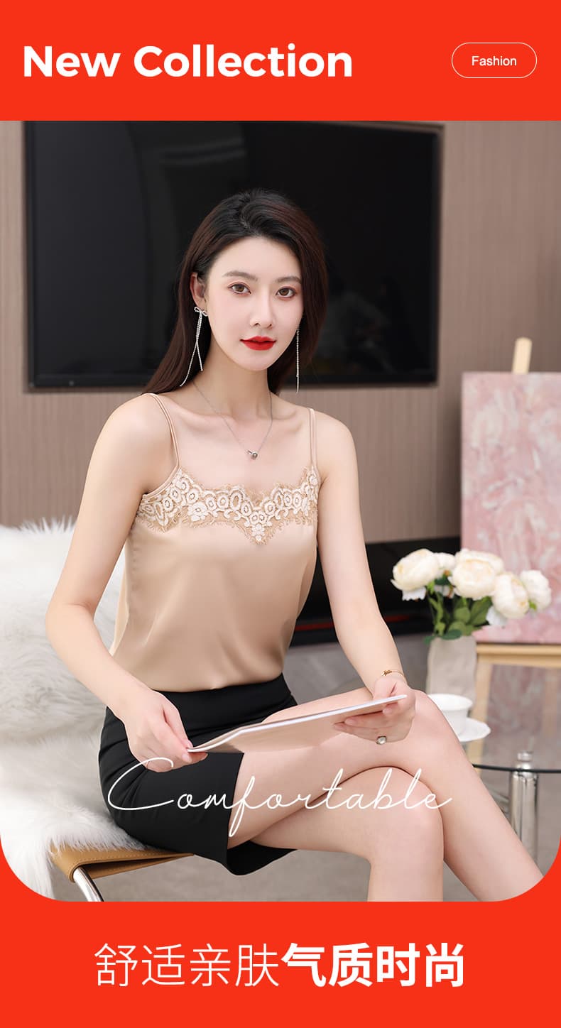레이스 캐미솔 외출용 다용도 V넥 새틴 정장 인사이드 가져 가라. 기본 셔츠 섹시함 민소매 맨위 여름 상세 이미지 1