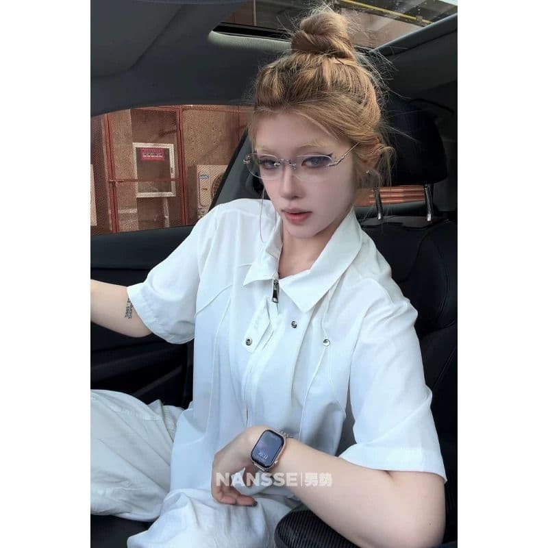 아메리칸 해체 징 당겨서 달구다 반팔 셔츠 남녀 여름 얇은 스타일 루즈핏 도루 센스 다용도 캐주얼 차가운 센스 셔츠 상세 이미지 3