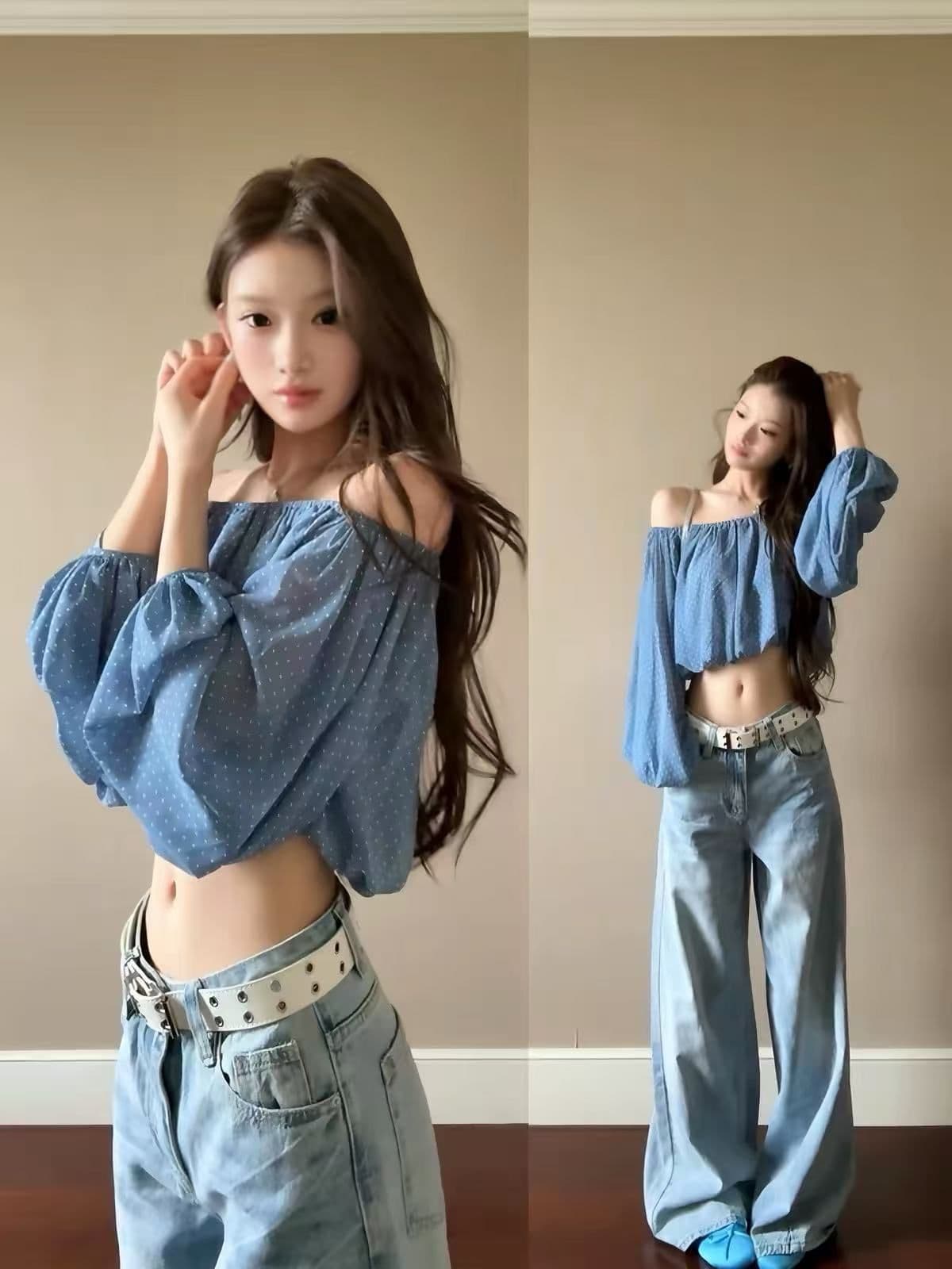 2026 새로운 파란색 도트 무늬 오프숄더 여성 셔츠 여름 순수한 욕망 섹시함 핫걸 허리 수축 쇼트 스타일 이슬 뼈의 맨위 상세 이미지 1